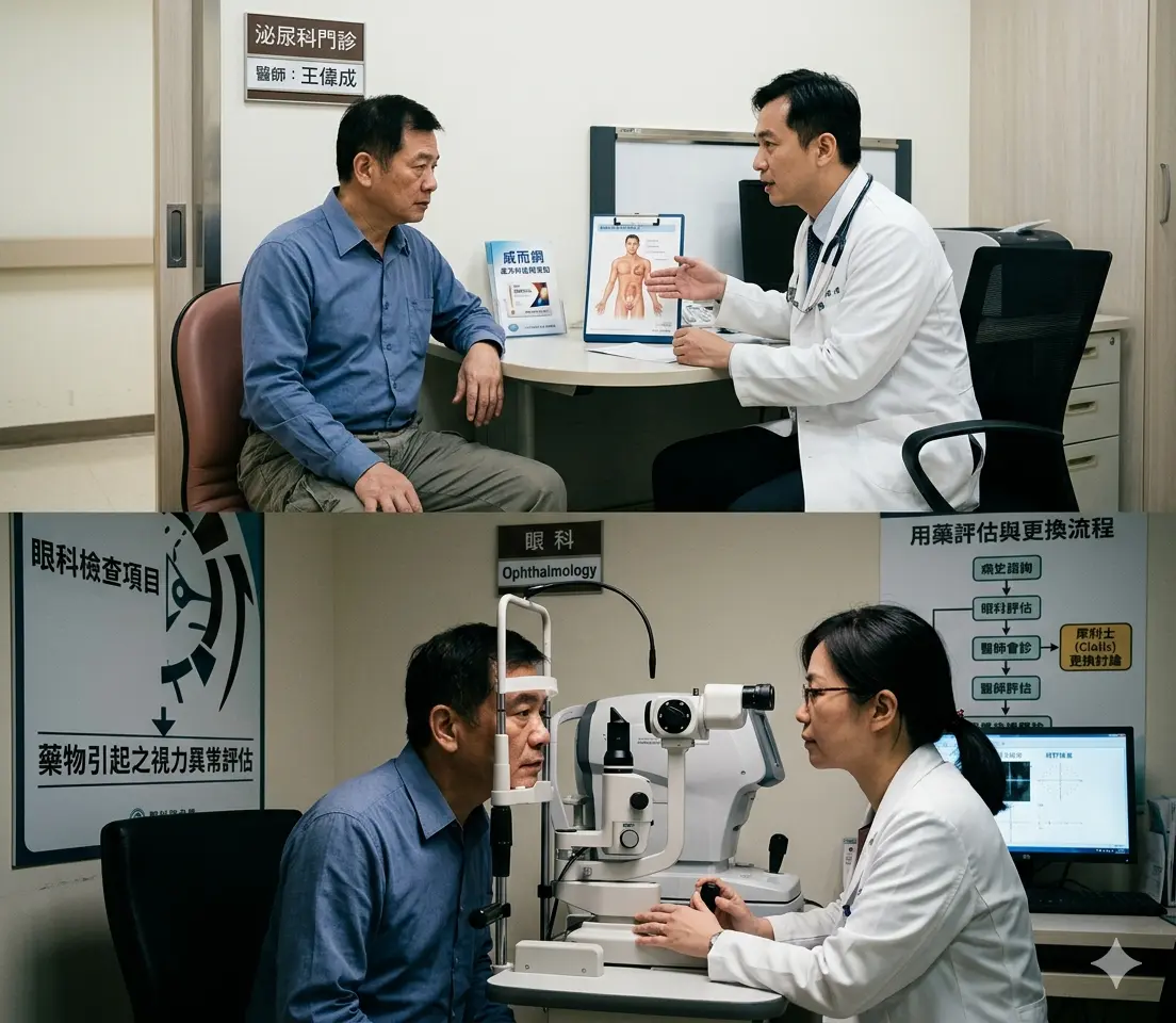 患者因威而鋼視力異常前往泌尿科與眼科門診諮詢並評估更換犀利士的流程