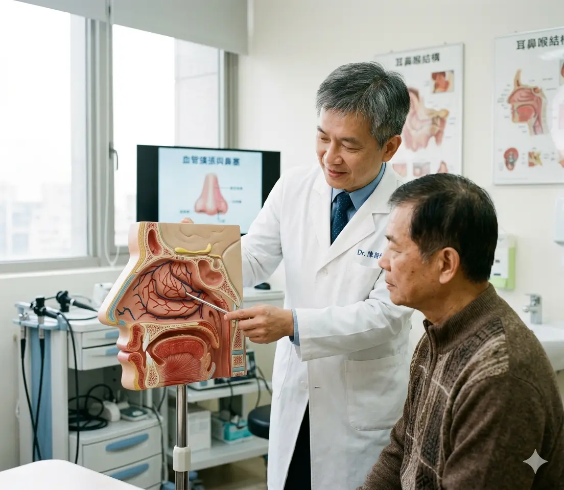 耳鼻喉科醫生使用鼻腔內視鏡模型向患者說明威而鋼對鼻黏膜血管充血的影響機製