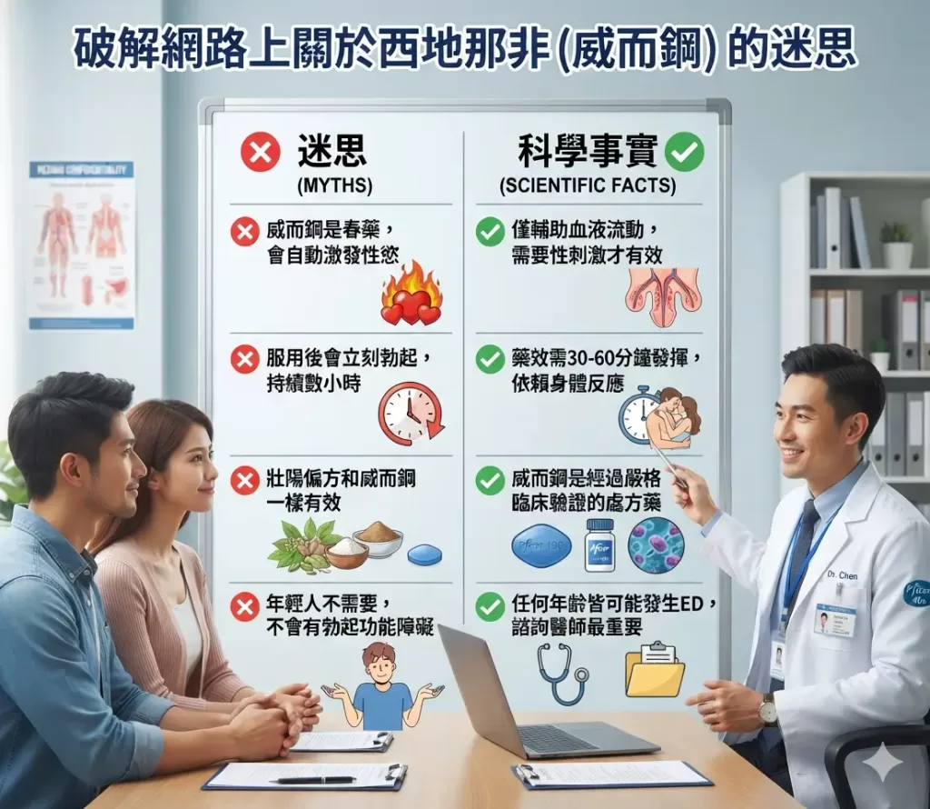 破解網路上關於西地那非威而鋼Viagra各種錯誤都市傳說與壯陽偏方迷思示意圖