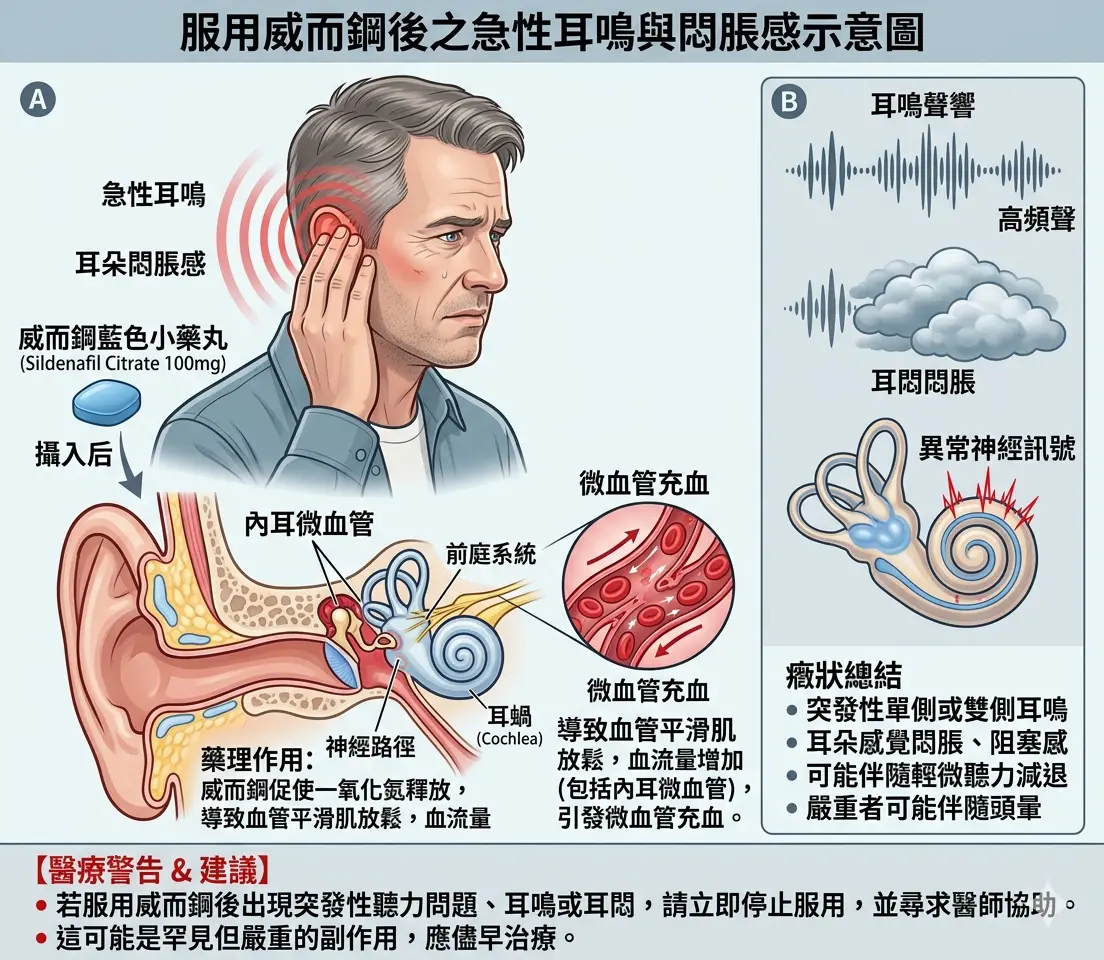 男子服用威而鋼藍色小藥丸後因內耳微血管充血引發急性耳鳴與悶脹感的癥狀示意