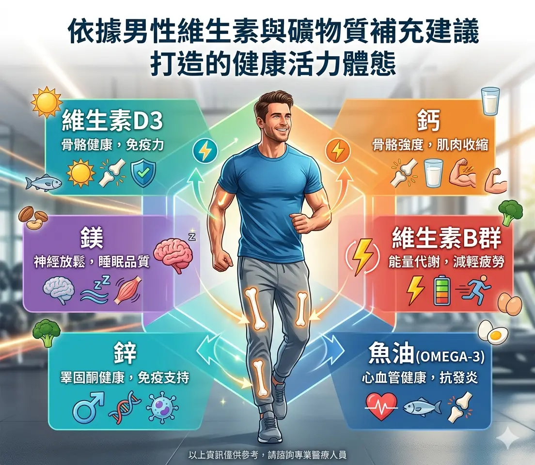 依據男性維生素與礦物質補充建議打造的健康活力體態