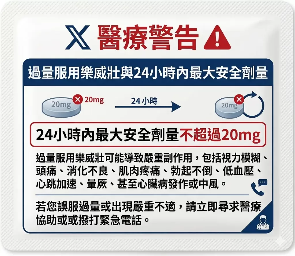 過量服用樂威壯與24小時內最大安全劑量不超過20mg的醫療警告標示