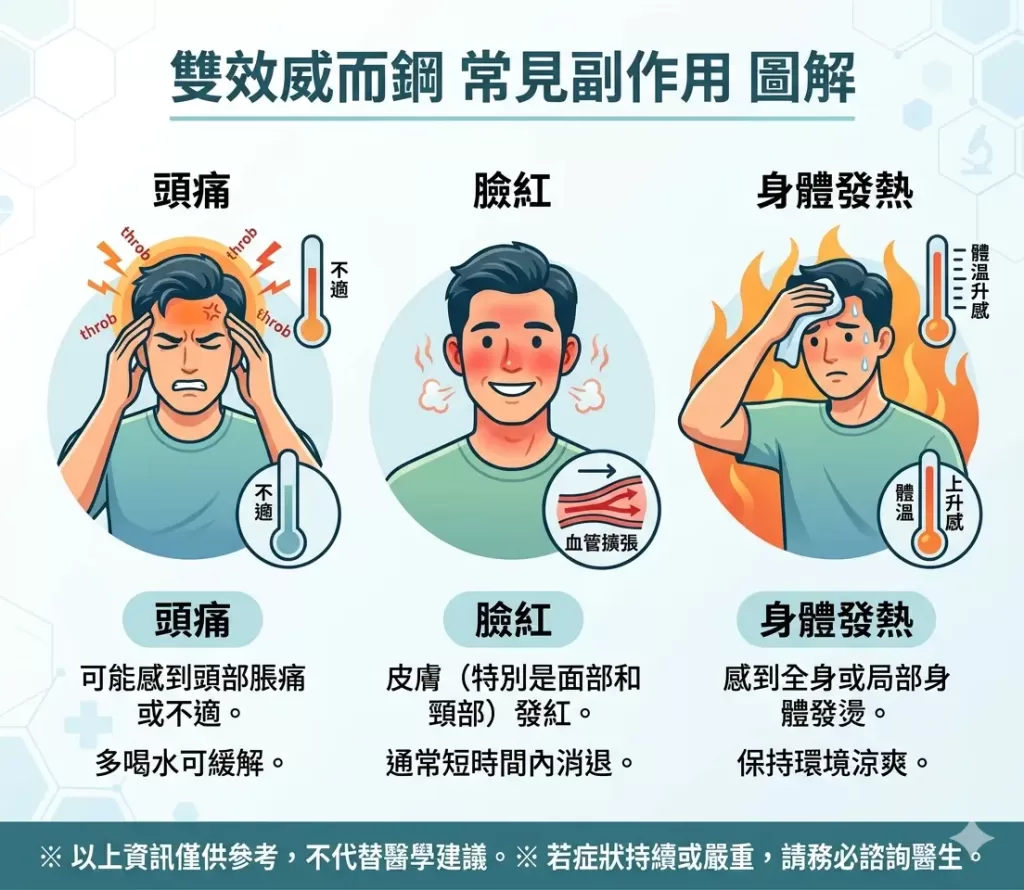 雙效威而鋼常見副作用如頭痛臉紅與身體發熱圖解