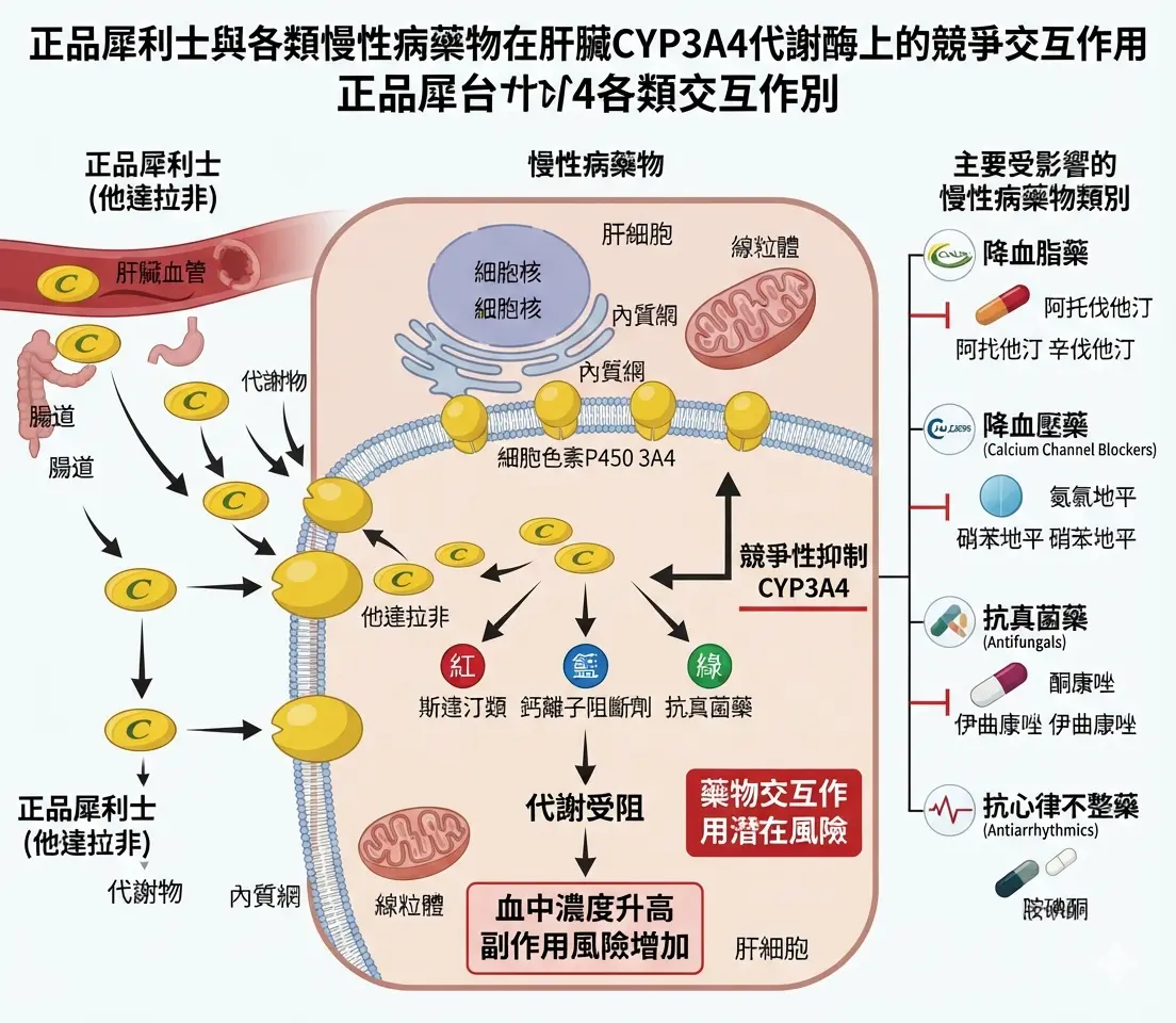 正品犀利士與各類慢性病藥物在肝臟CYP3A4代謝酶上的競爭交互作用
