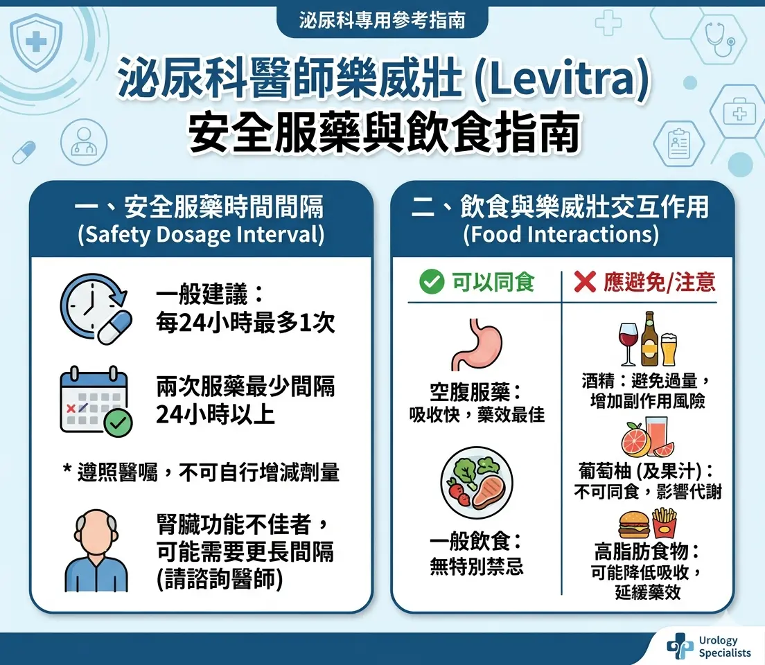 泌尿科醫師針對樂威壯安全服藥時間間隔與飲食禁忌的圖表指南