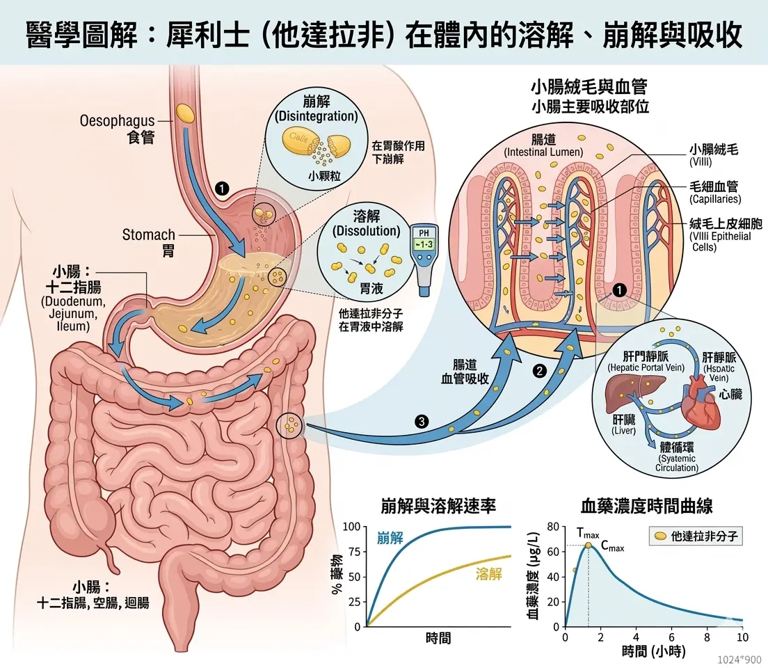 醫學圖解犀利士他達拉非在胃部與小腸內的溶解崩解與血管吸收過程