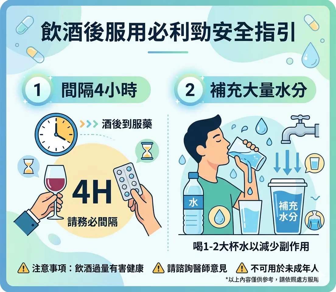 飲酒後服用必利勁安全指引：間隔4小時並補充大量水分
