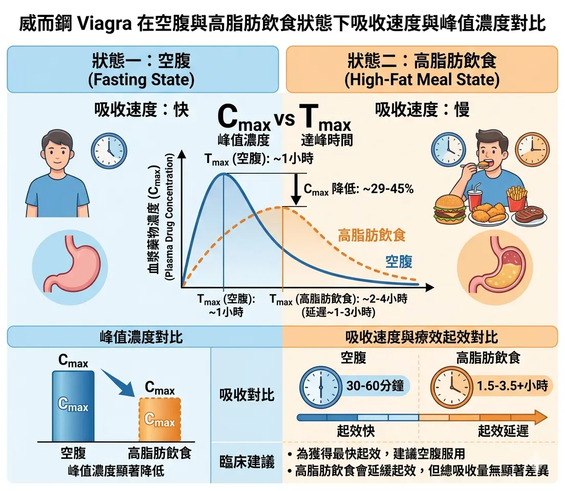 威而鋼Viagra在空腹與高脂肪飲食狀態下吸收速度與峰值濃度對比