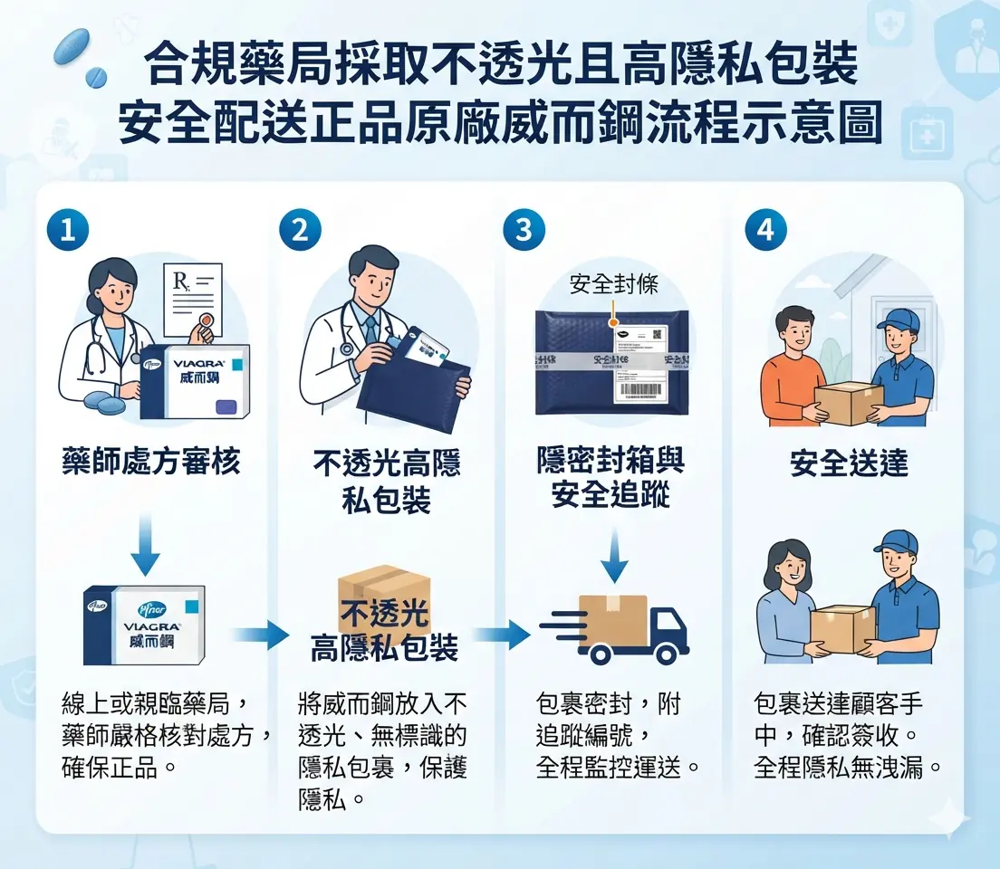 合規藥局採取不透光且高隱私包裝安全配送正品原廠威而鋼的流程示意圖