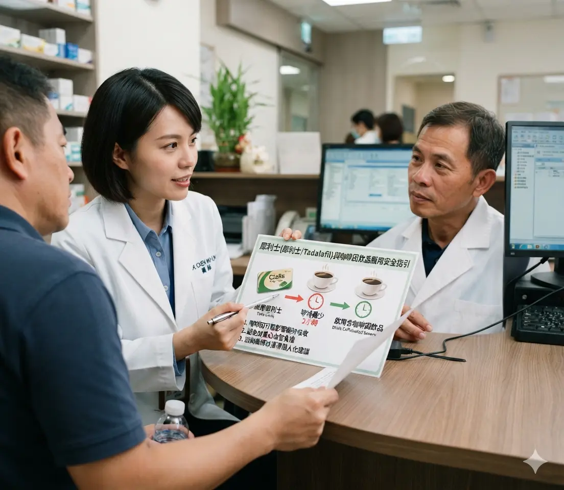 專業臨床藥師向患者說明犀利士與含咖啡因飲品的安全服用時間間隔
