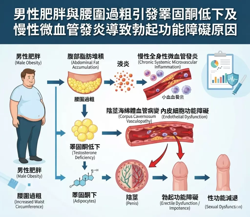 男性肥胖與腰圍過粗引發睪固酮低下及慢性微血管發炎導致勃起功能障礙原因