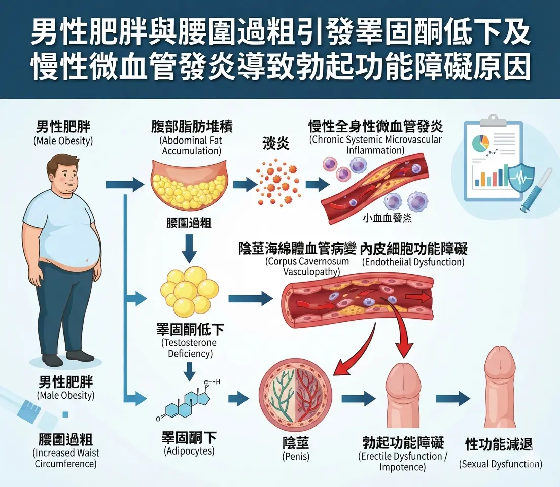 男性肥胖與腰圍過粗引發睪固酮低下及慢性微血管發炎導致勃起功能障礙原因