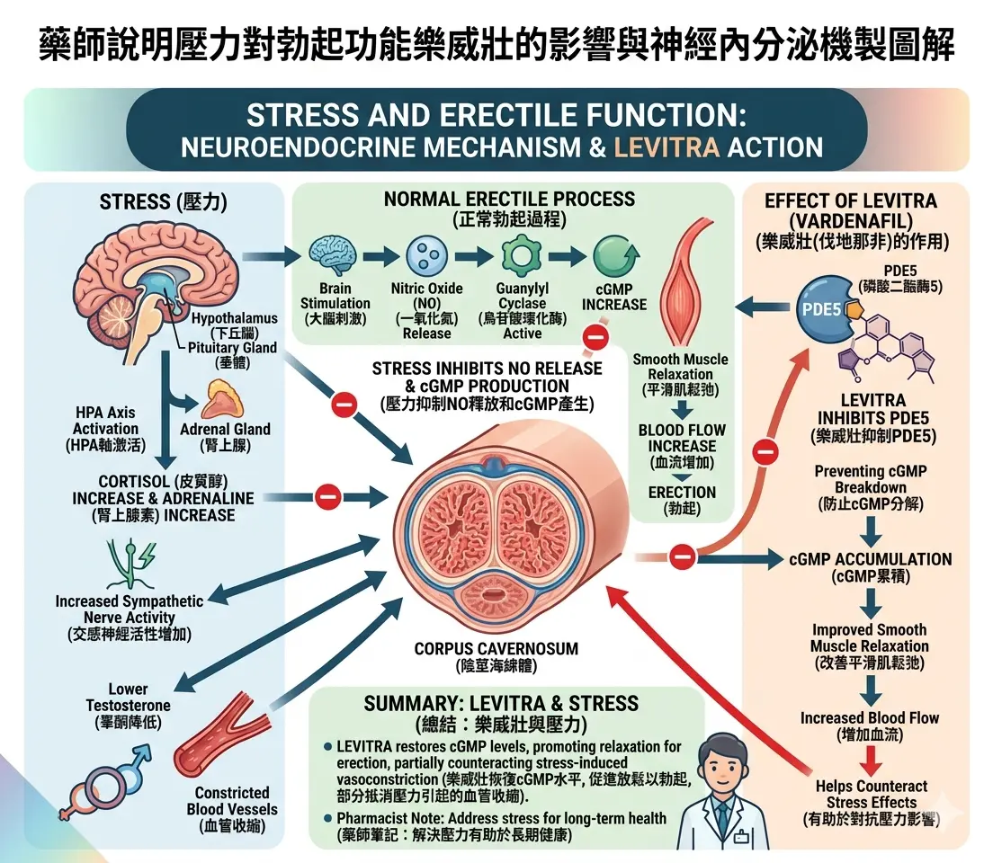 藥師說明壓力對勃起功能樂威壯的影響與神經內分泌機製圖解