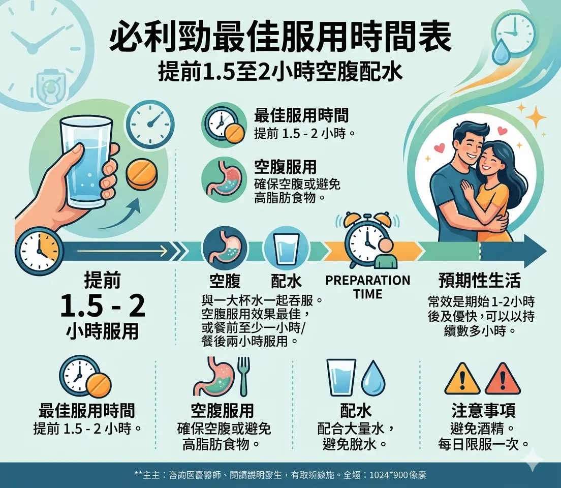 必利勁最佳服用時間表：性行為前1.5至2小時空腹配水