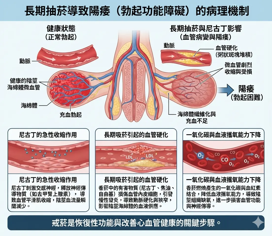 長期抽菸與吸入尼古丁導致陰莖微血管劇烈收縮與血管硬化引發陽痿原因