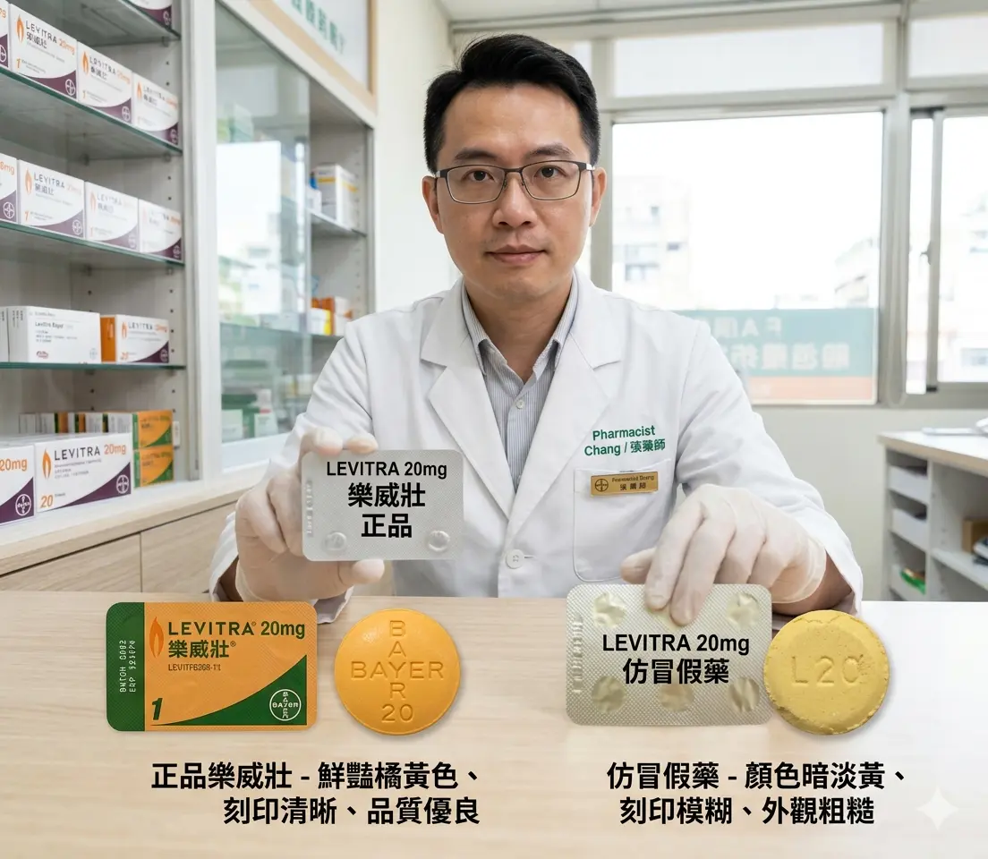 藥師展示正品樂威壯橘黃色圓形藥錠與仿冒假藥的顏色外觀對比
