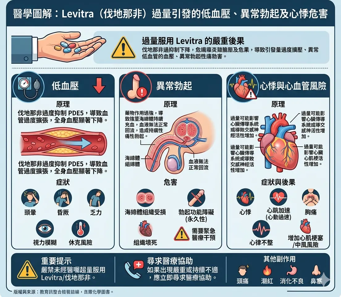 醫學圖解Levitra超量與伐地那非過量引發的低血壓異常勃起及心悸危害