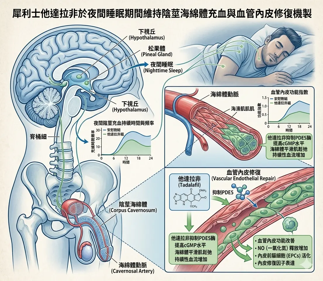 犀利士他達拉非於夜間睡眠期間維持陰莖海綿體充血與血管內皮修復機製