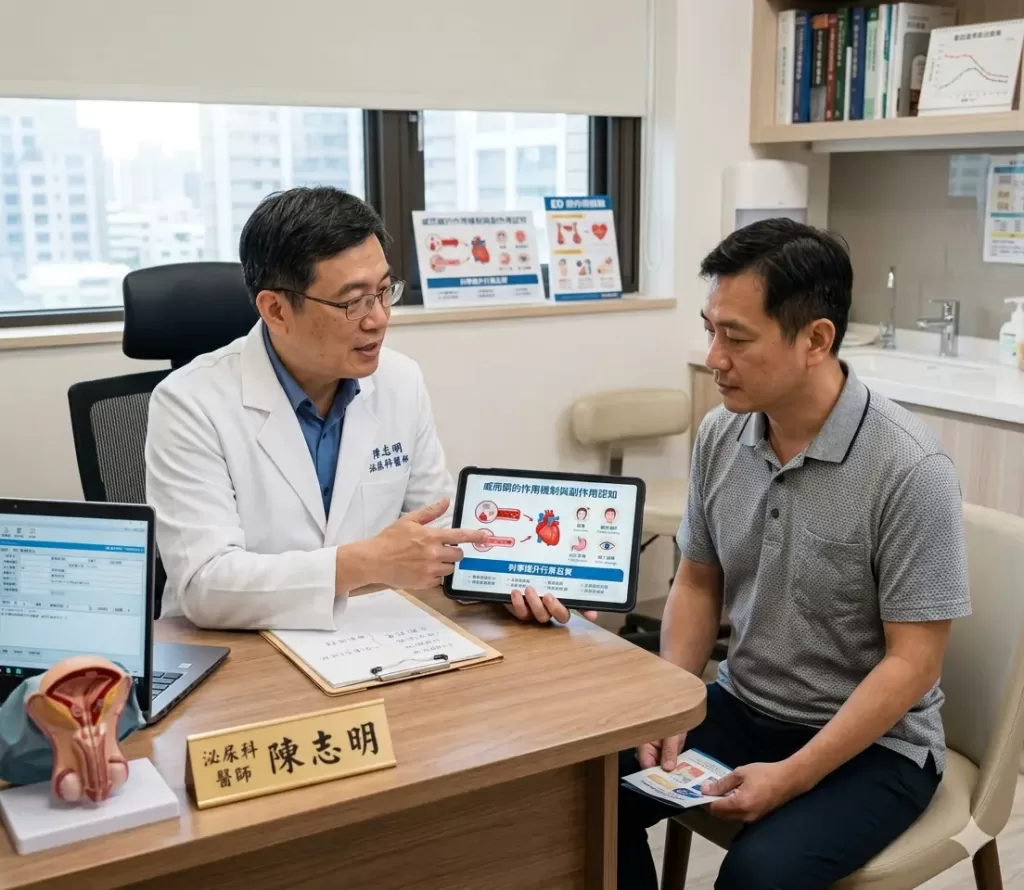 專業泌尿科醫師在門診引導ED患者正確認知威而鋼副作用並指導科學提升行房品質的醫療場景