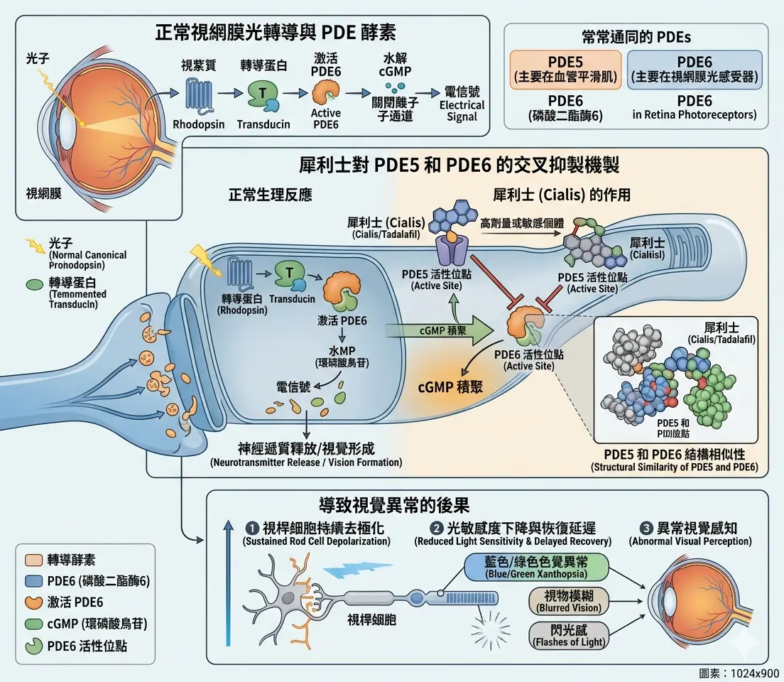 犀利士引發視覺異常之眼底視網膜 PDE6 酵素交叉抑製機製示意圖