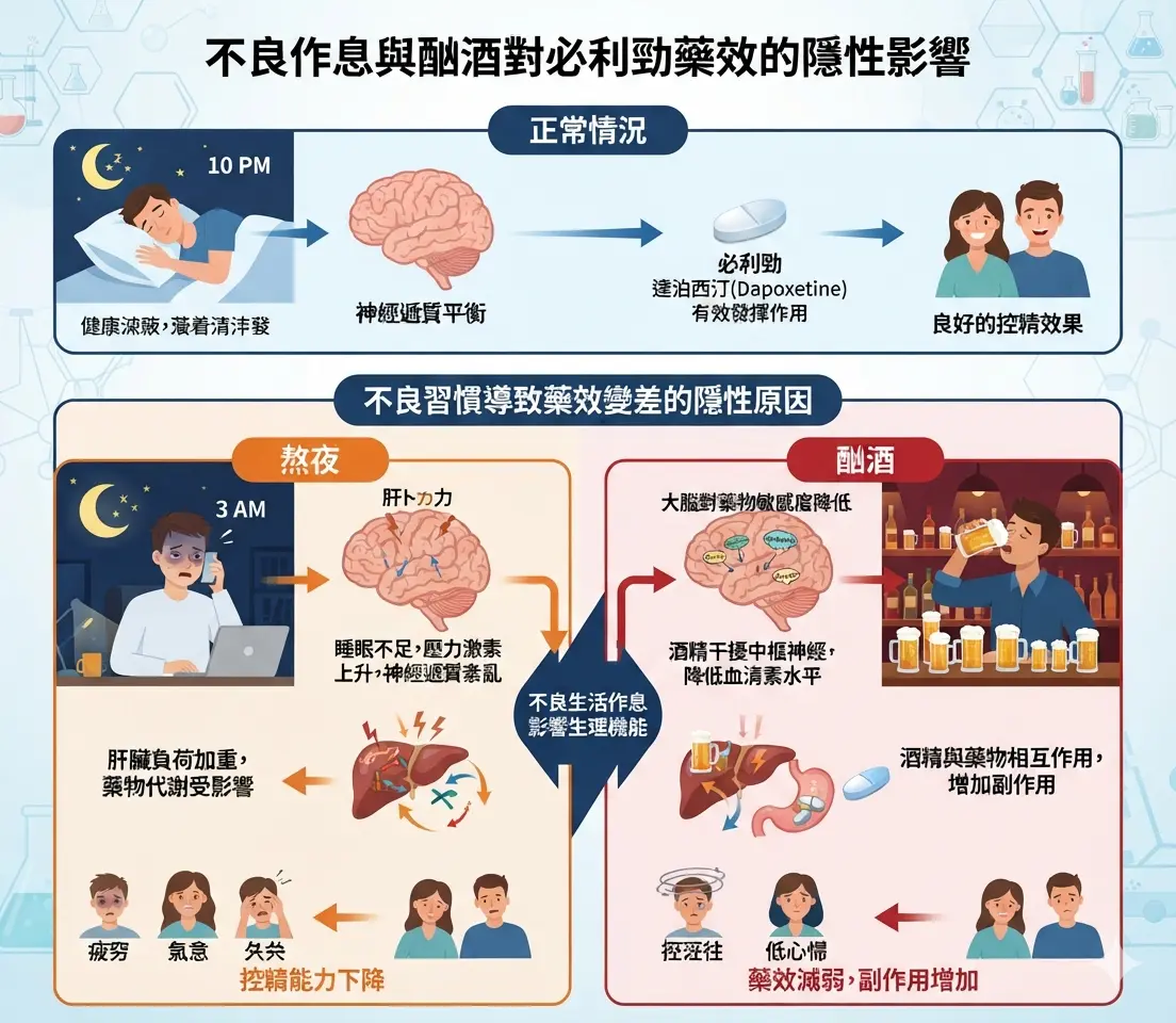 生活作息如熬夜酗酒導致必利勁控精藥效變差的隱性原因圖解