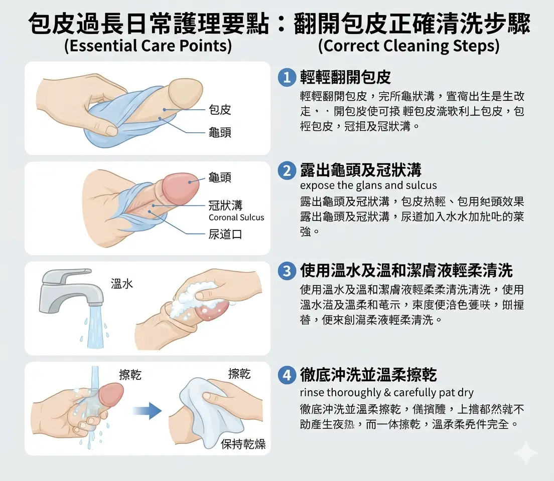 包皮過長日常護理要點:翻開包皮正確清洗步驟醫學示意圖