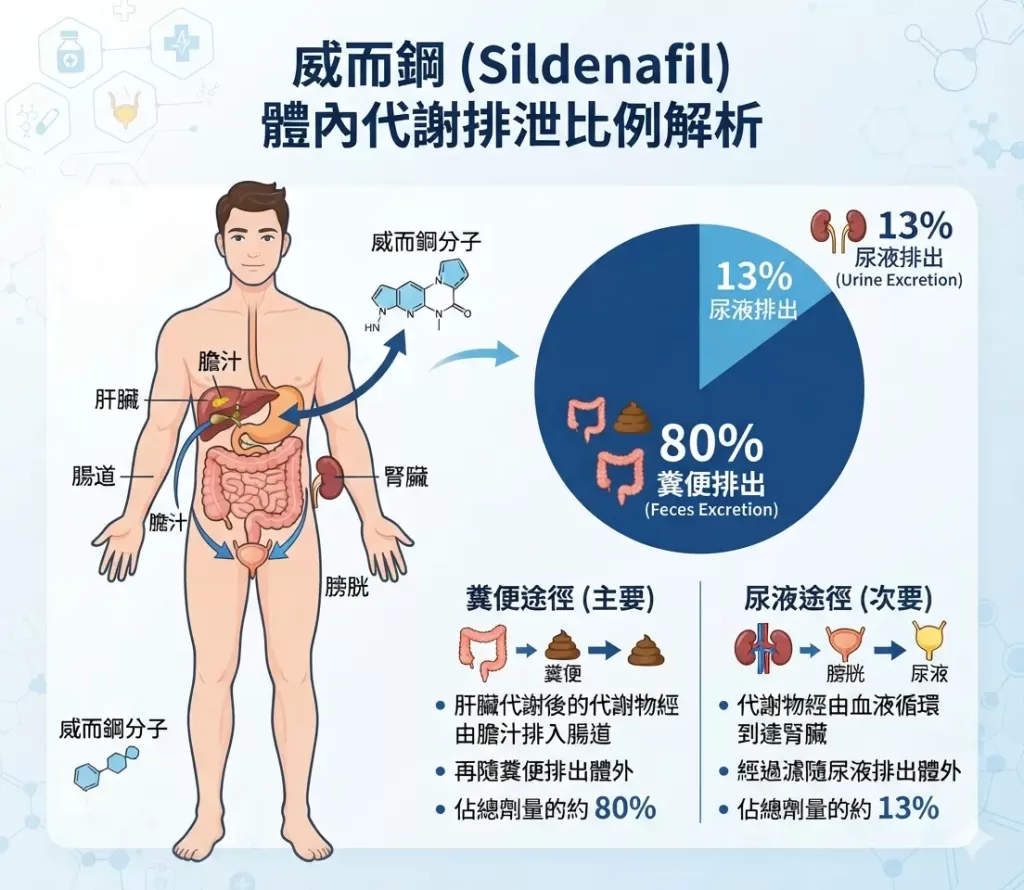 圖表解析威而鋼透過80%糞便與13%尿液排出體外的科學比例