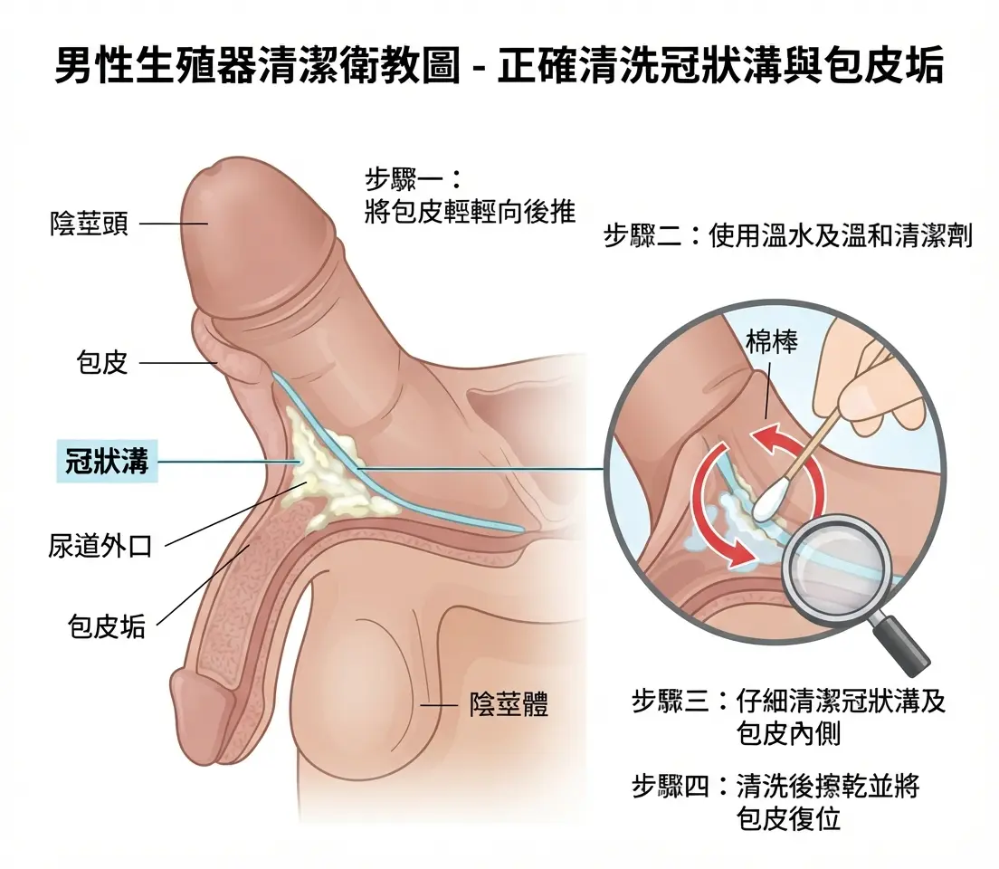 男性冠狀溝與包皮垢正確清洗位置醫學示意圖