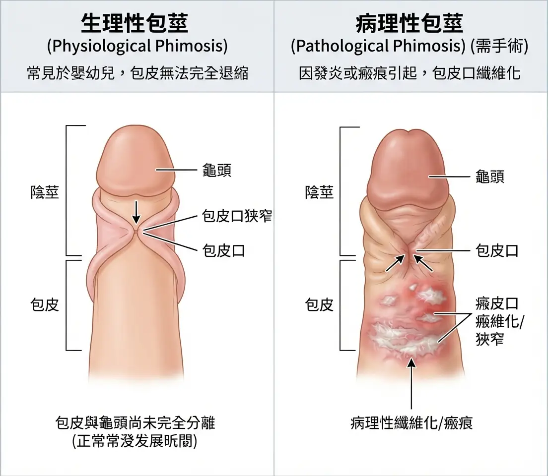 生理性包莖與需要手術的病理性包莖外觀差異對比圖