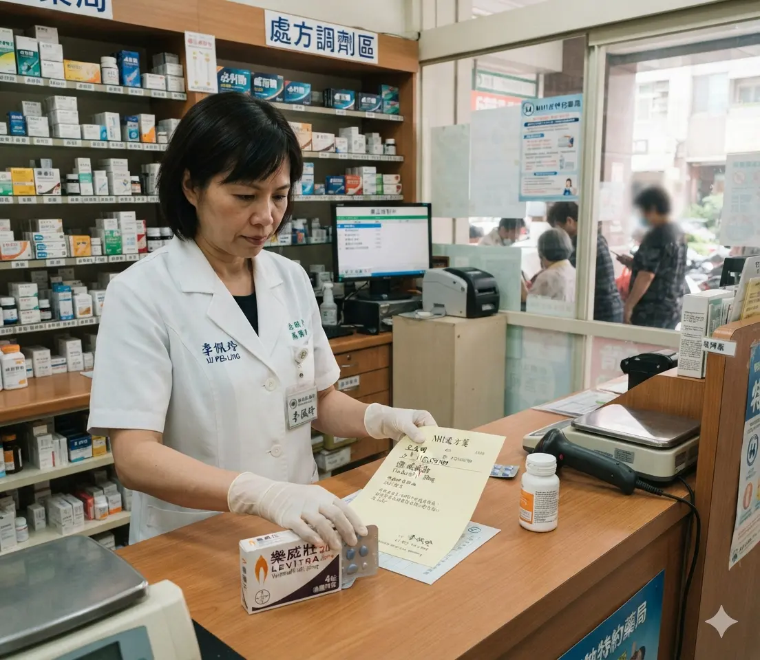 執業藥師在實體健保特約藥局內憑實體處方箋核對調劑德國原廠正品樂威壯藥盒