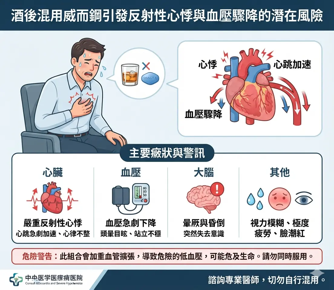 酒後混用威而鋼引發反射性心悸與血壓驟降的潛在風險癥狀