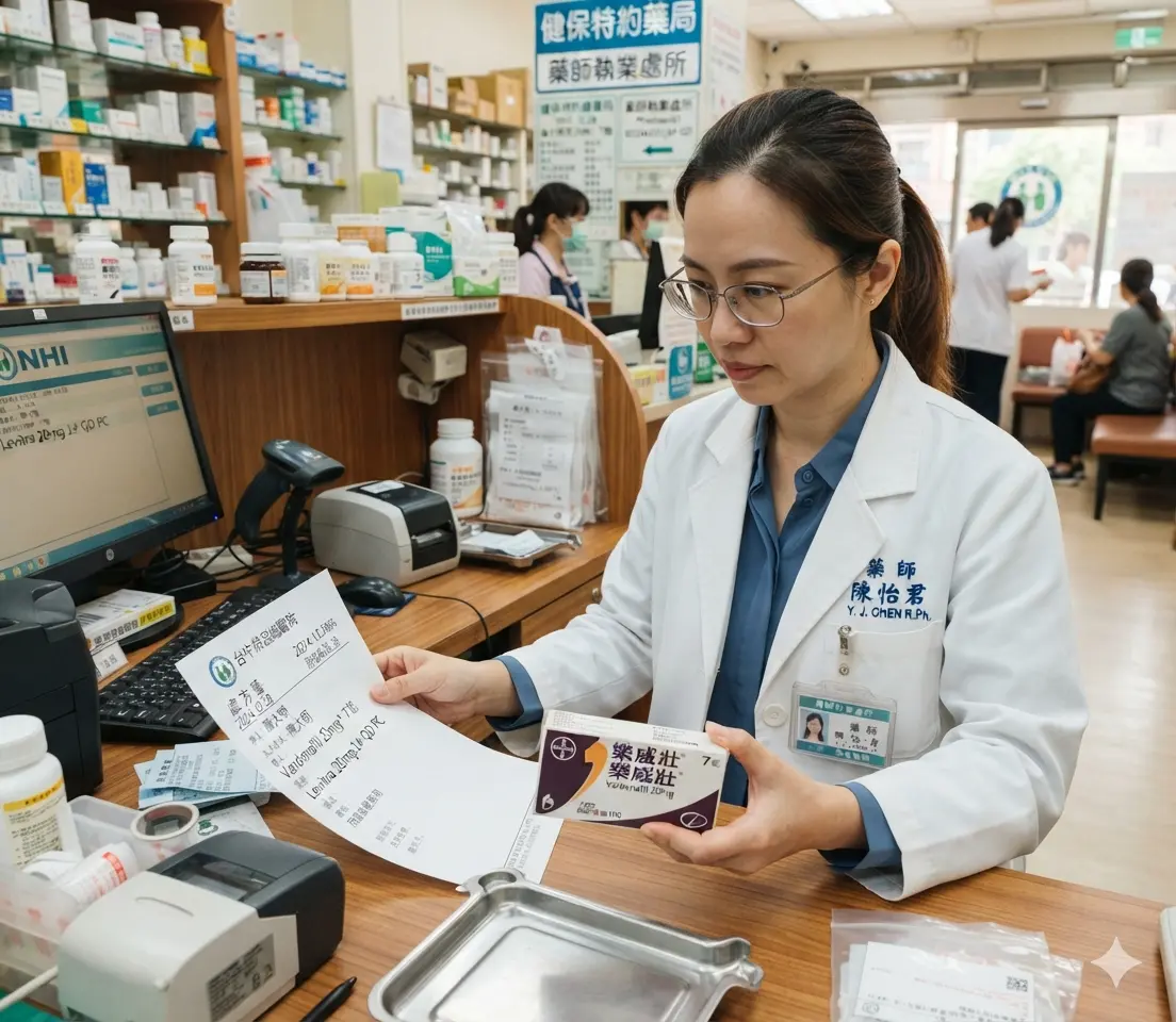 執業藥師在實體健保特約藥局內憑實體處方箋核對調劑德國原廠正品樂威壯藥盒