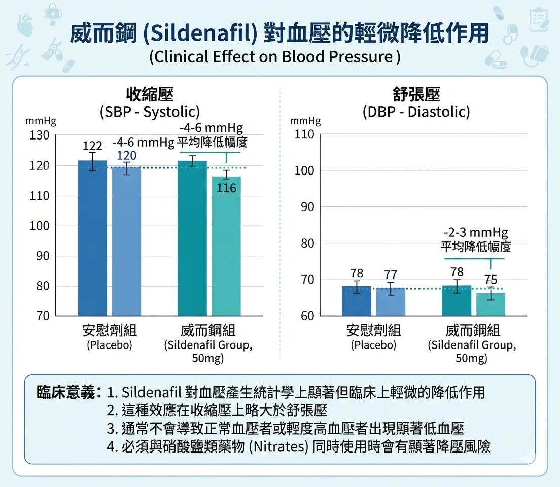 威而鋼對血壓的輕微降低作用對收縮壓與舒張壓數值影響的臨床醫學對比圖