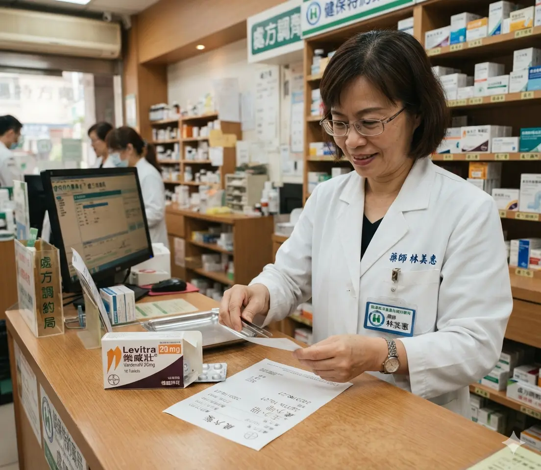 執業藥師在實體健保特約藥局內憑醫師處方箋核對調劑德國原廠正品樂威壯藥盒
