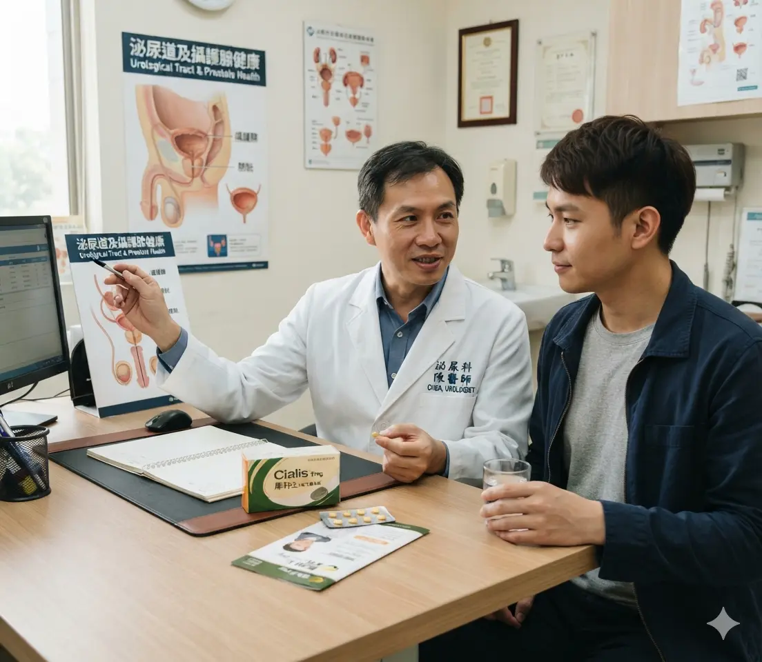 泌尿科醫師在診間向年輕男性患者解說犀利士5mg每日錠正確用法