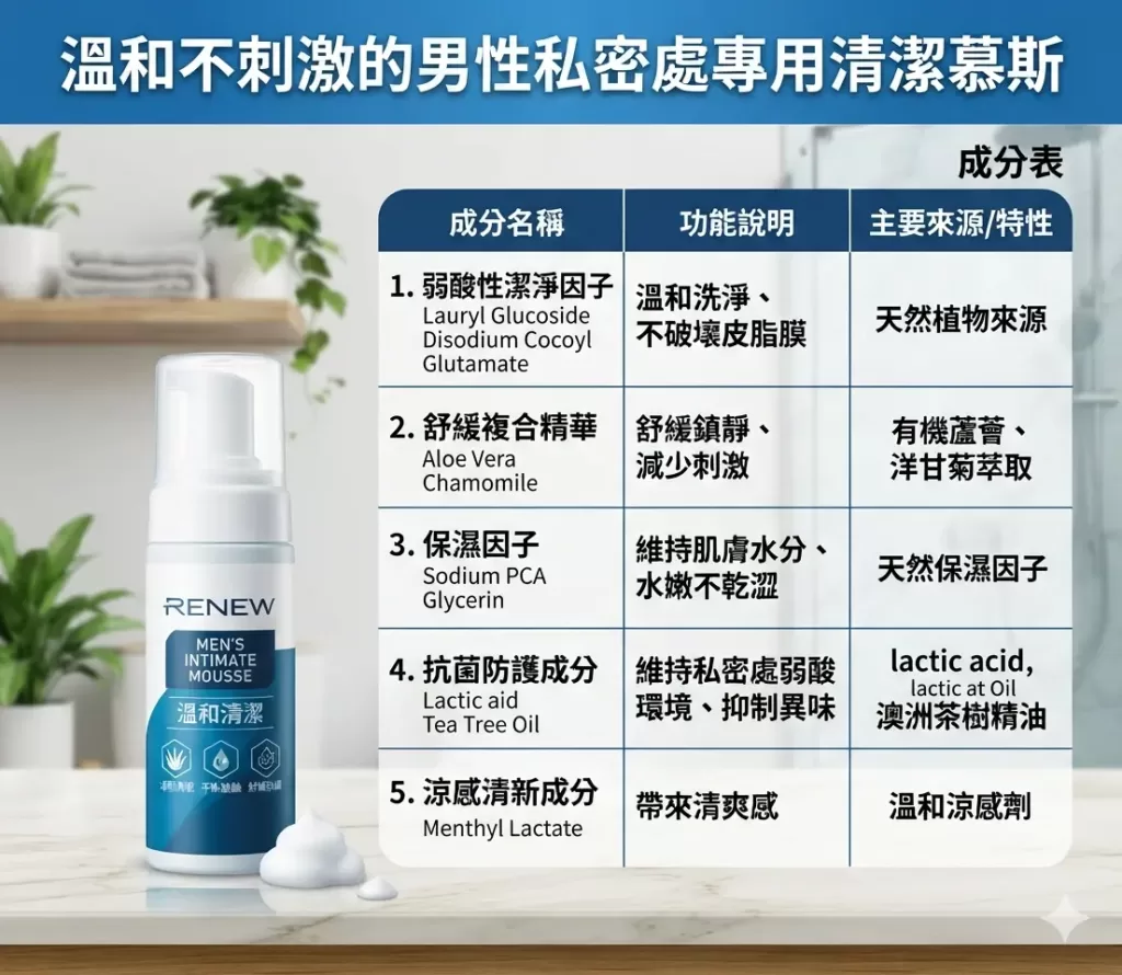 溫和不刺激的男性私密處專用清潔慕斯產品成分表