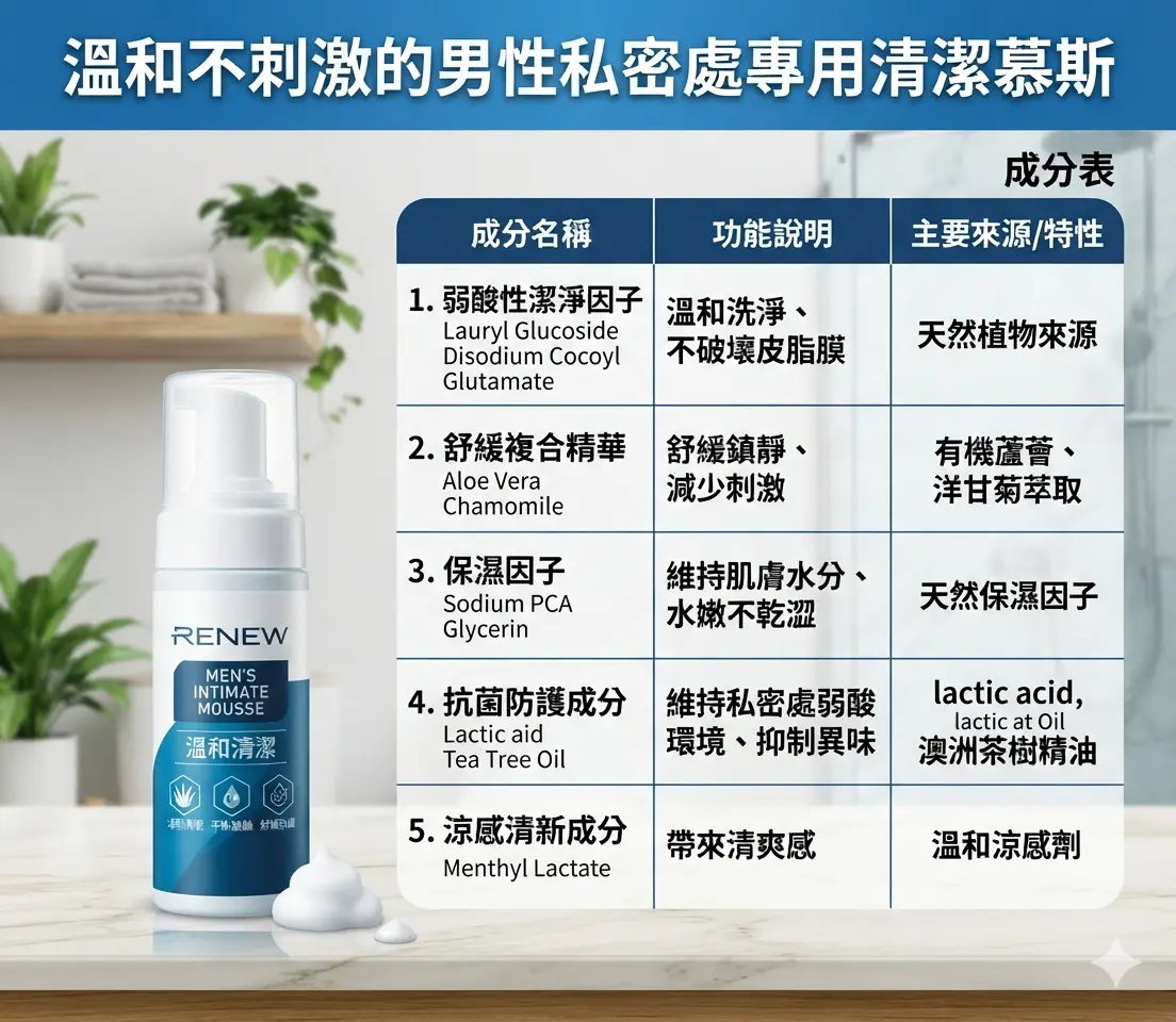 溫和不刺激的男性私密處專用清潔慕斯產品成分表