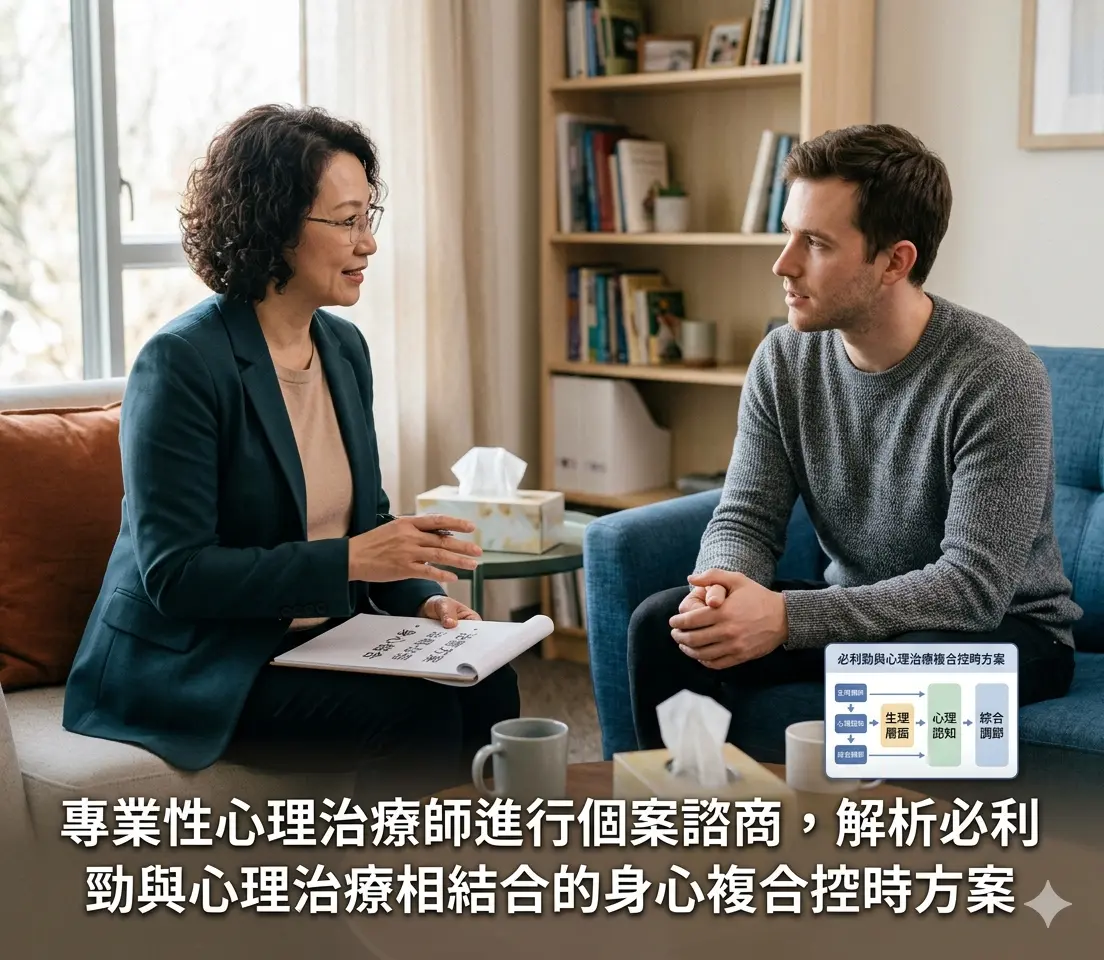 專業性心理治療師進行個案諮商,解析必利勁與心理治療相結合的身心複合控時方案