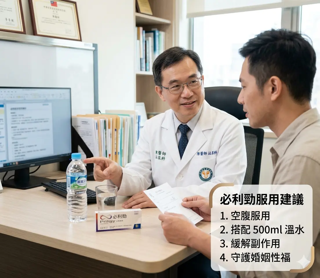 泌尿科醫師建議正確服用正品必利勁步驟：行房前空腹服用並搭配500ml溫水以緩解副作用守護婚姻性福
