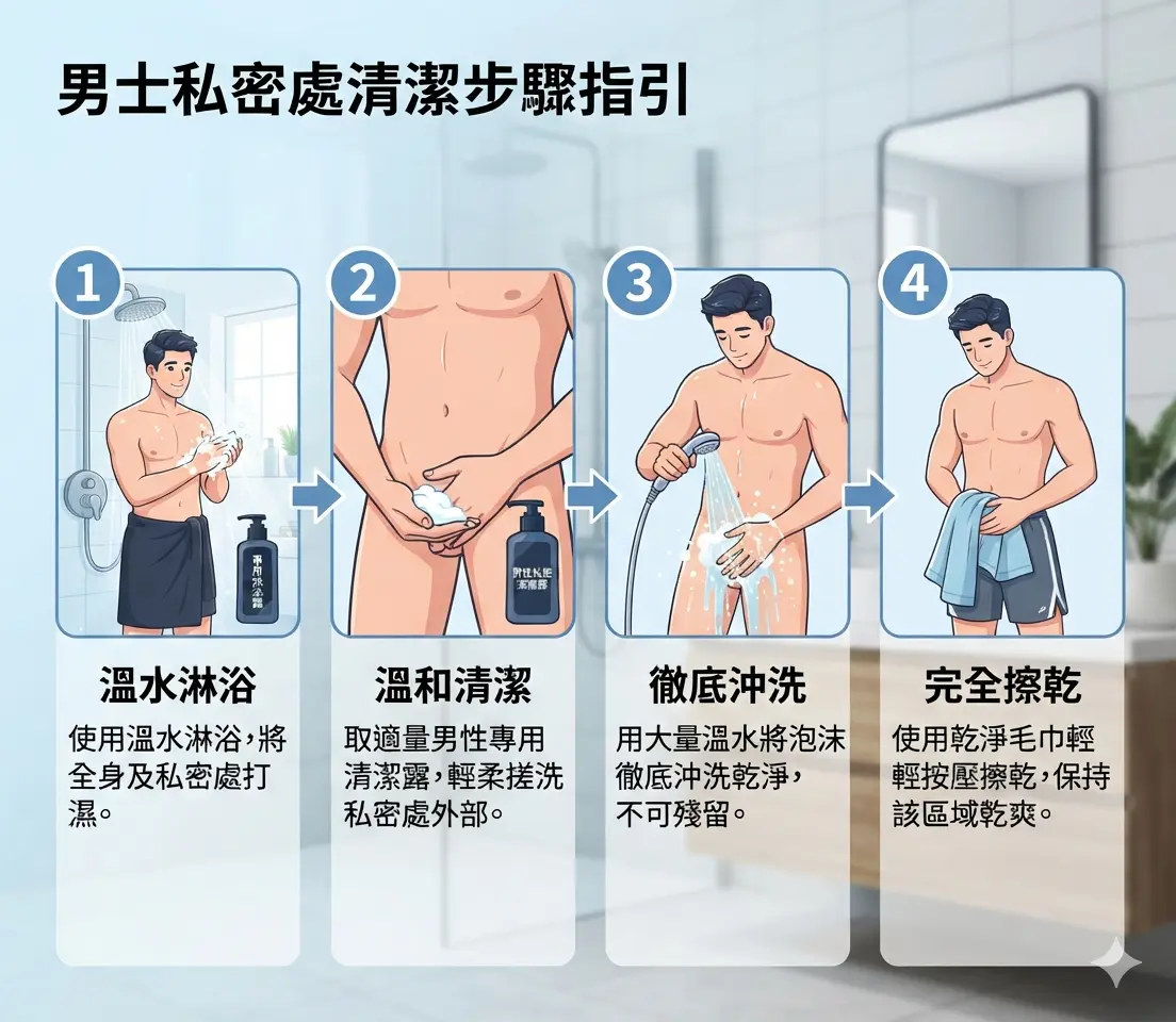 男士陰莖包皮龜頭每日正確清潔步驟指引圖