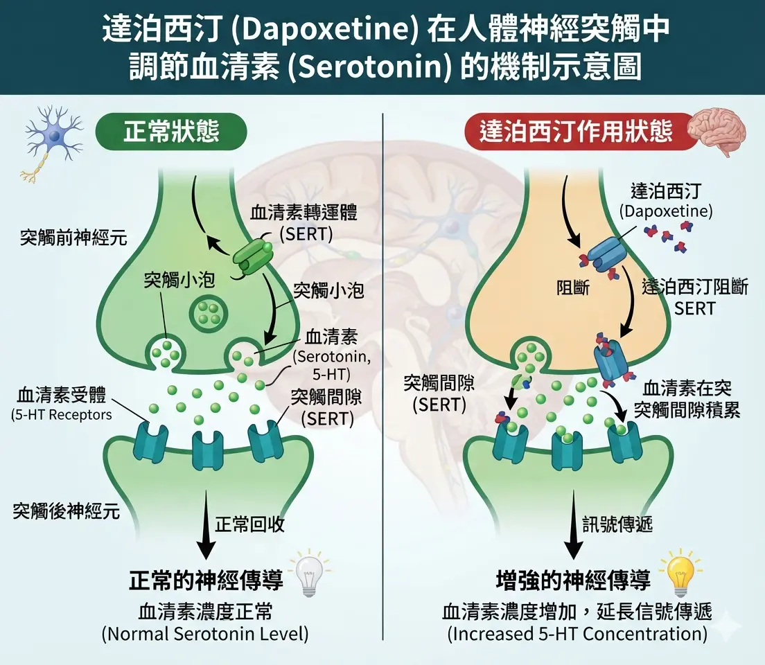 達泊西汀 Dapoxetine 在人體大腦中調節血清素的機理示意圖