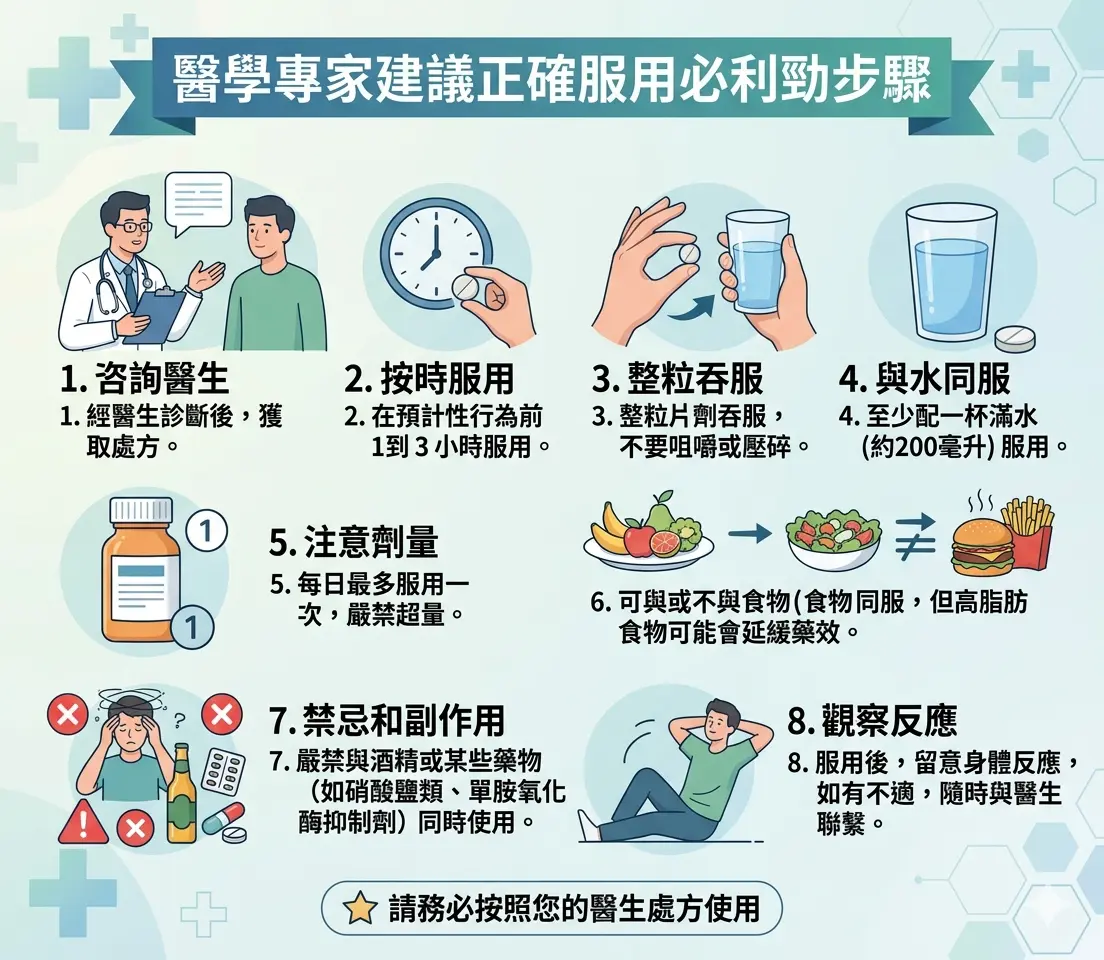 醫學專家建議正確服用必利勁步驟:行房前1.5小時空腹服用並飲用大杯水以降低副作用優化行為訓練
