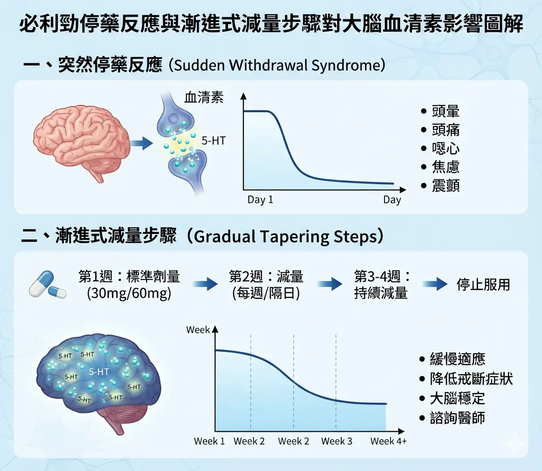 必利勁停藥反應與漸進式減量步驟對大腦血清素影響圖解