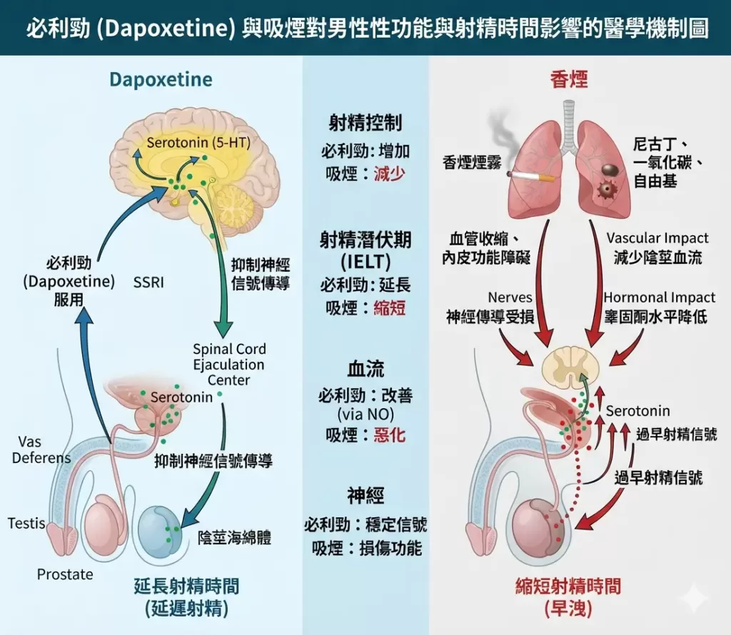 必利勁與吸煙對男性性功能與射精時間影響的醫學機製圖