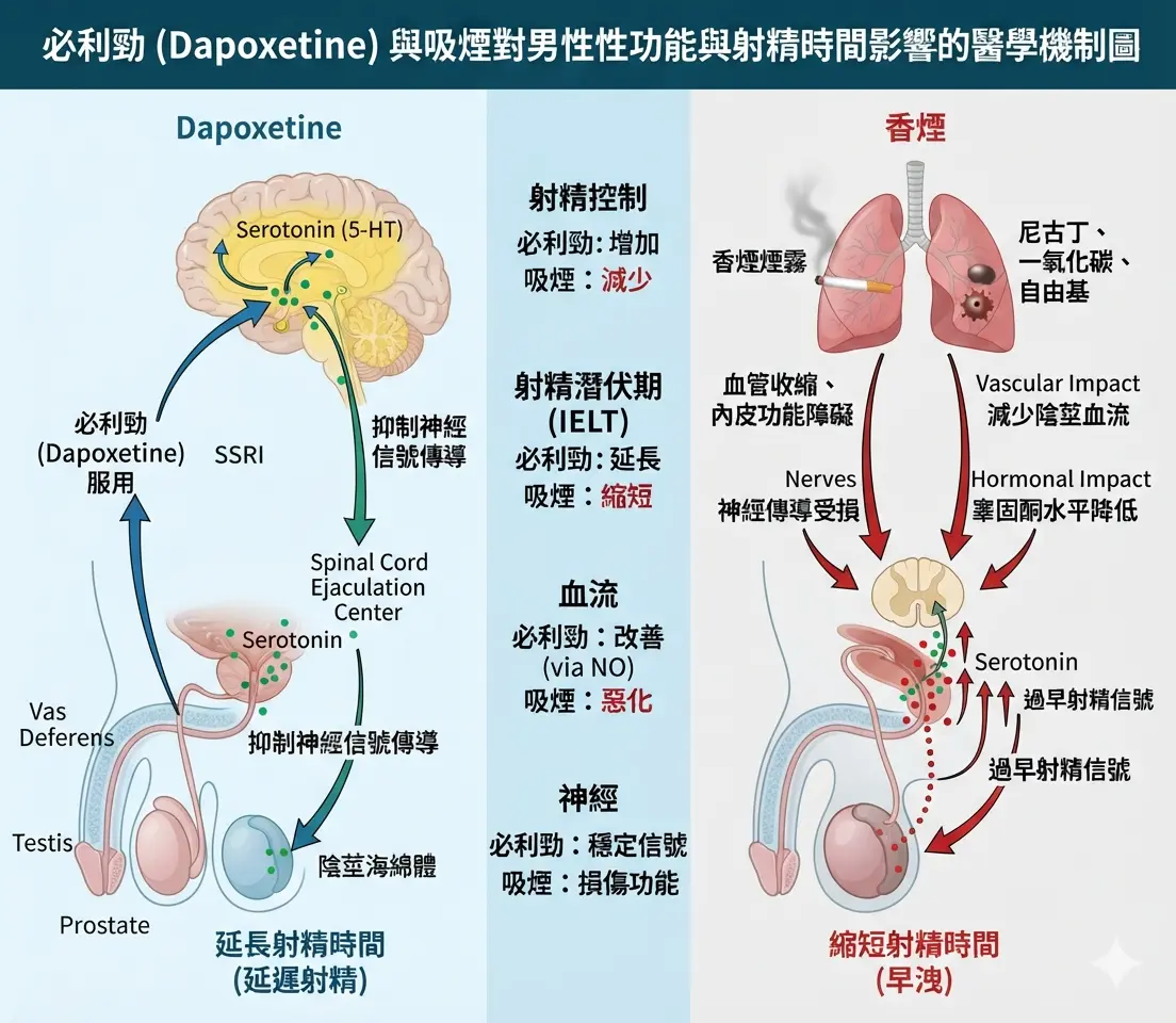 必利勁與吸煙對男性性功能與射精時間影響的醫學機製圖