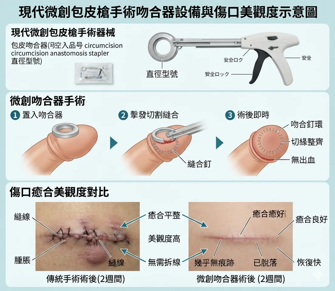 現代微創包皮槍手術吻合器設備與傷口美觀度示意圖