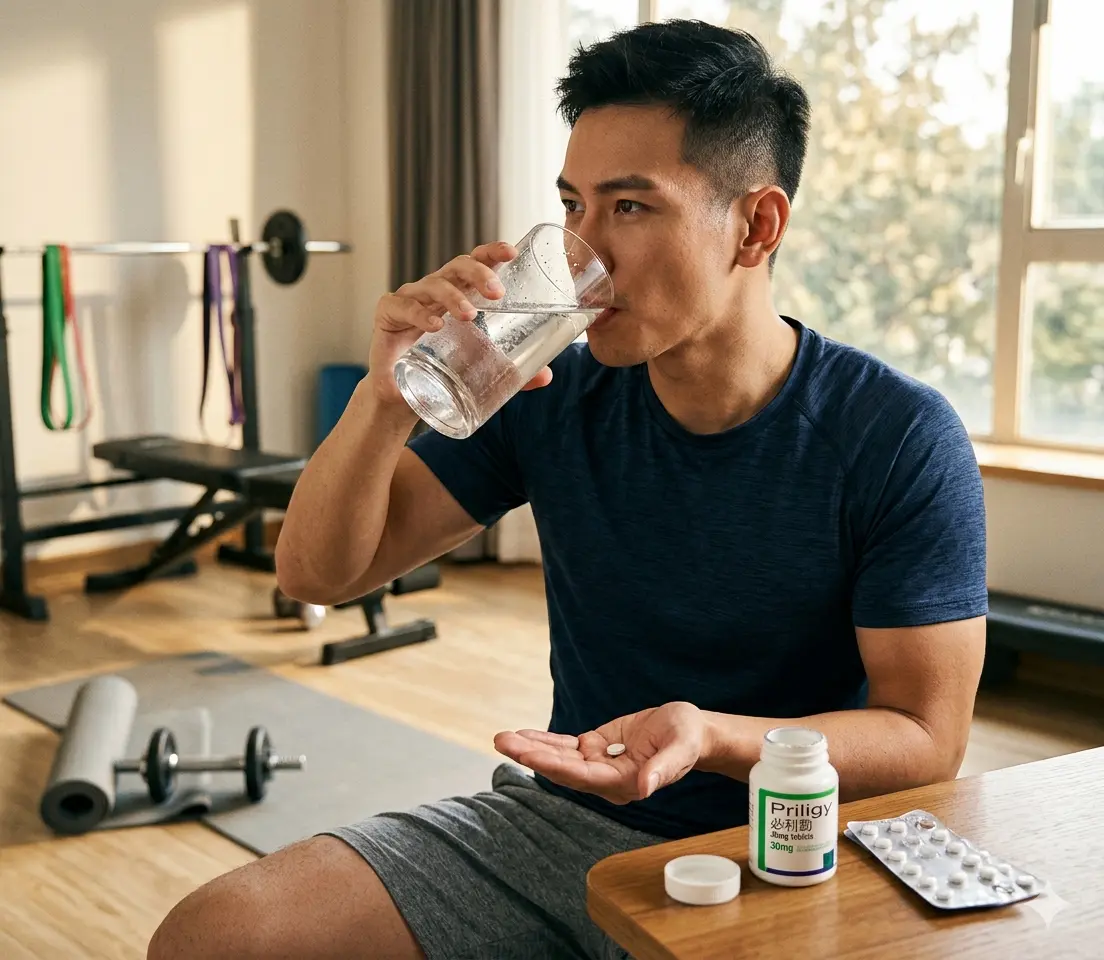 性治療個案遵循醫囑在行房前1.5小時空腹服用必利勁並飲用大杯水以優化訓練效果