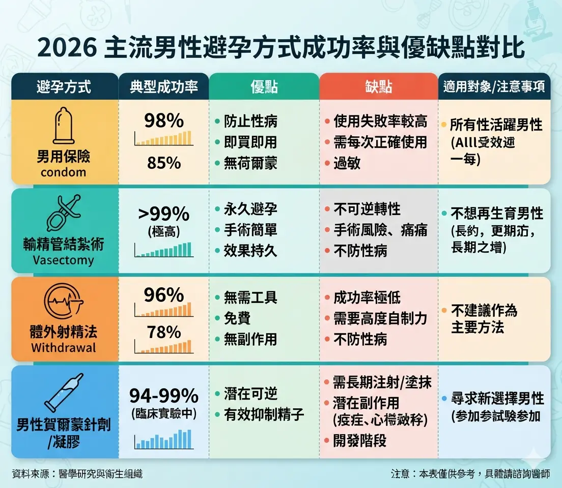 2026主流男性避孕方式成功率與優缺點對比圖表