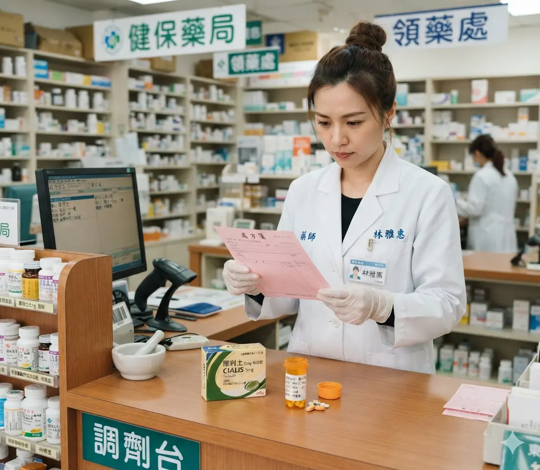 執業藥師在實體藥局核對處方箋調劑原廠犀利士5mg每日錠保養藥品