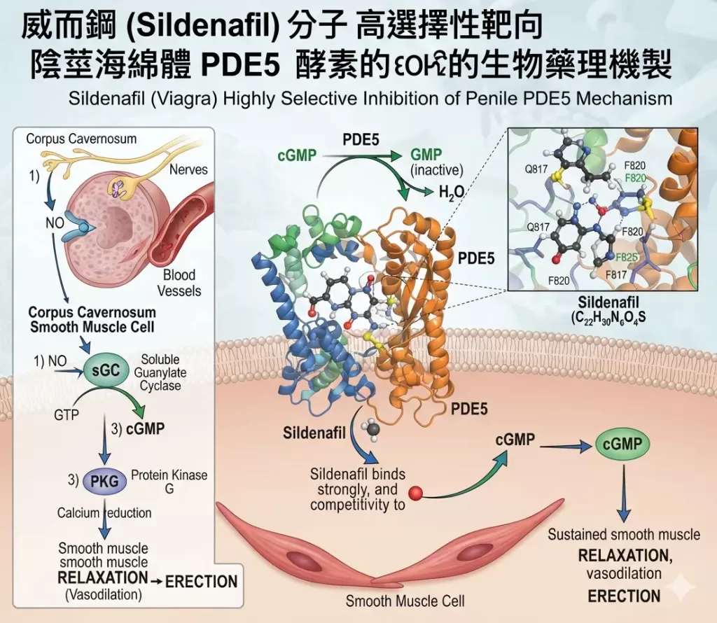 威而鋼分子高選擇性靶向陰莖海綿體PDE5酵素的生物藥理機製圖